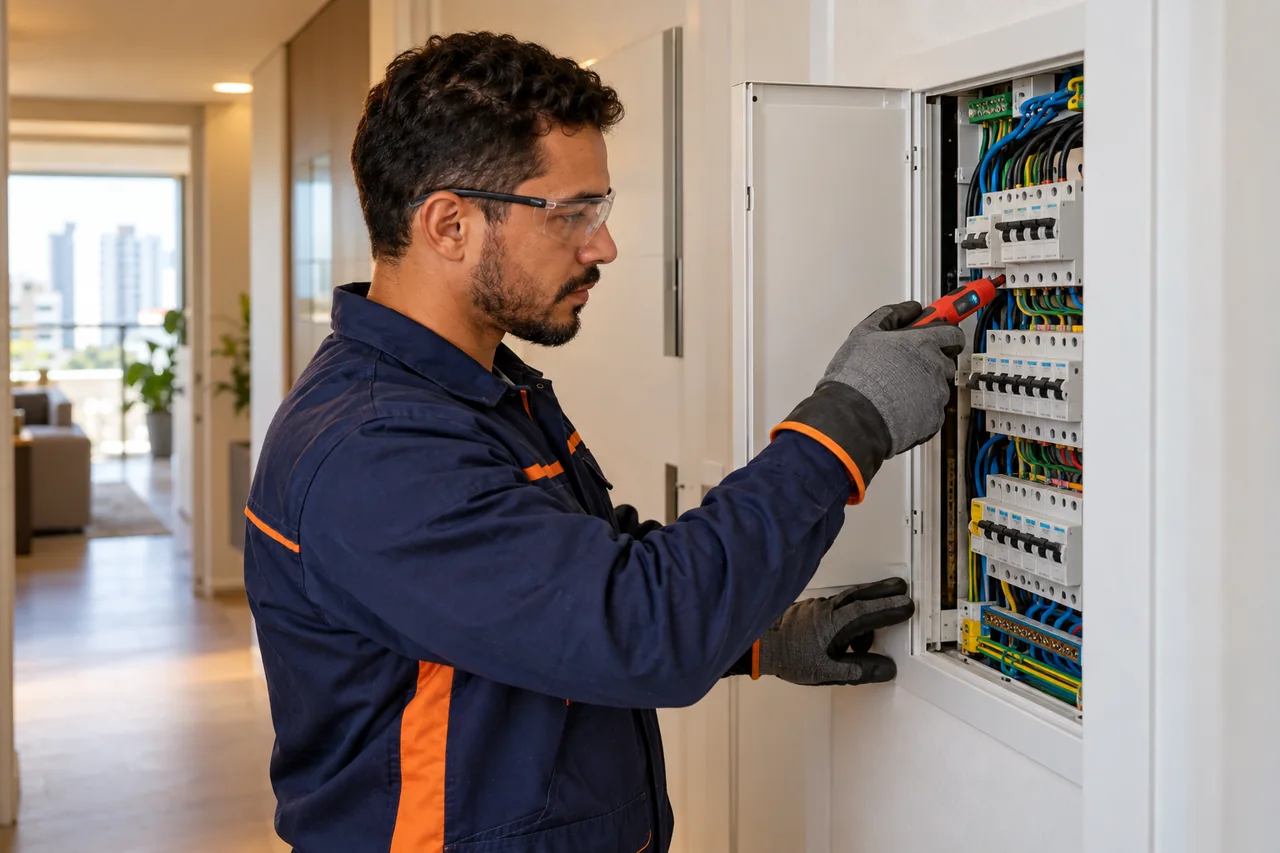 Profissional verificando quadro elétrico