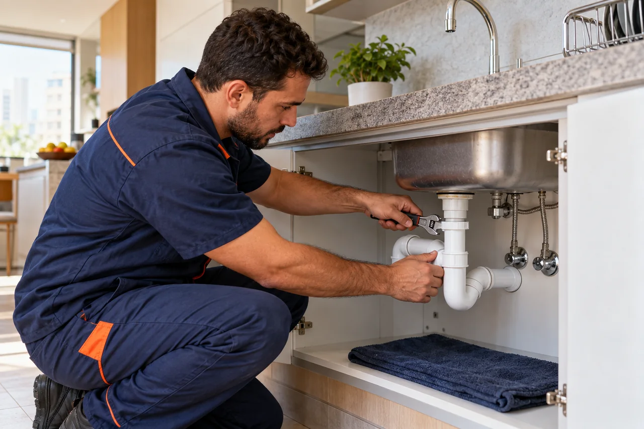Profissional realizando reparo hidráulico